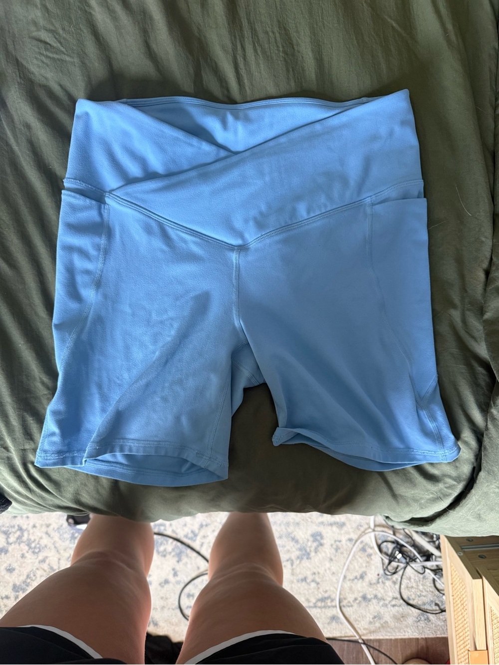 Fabletics Sky Blue High-Rise Bike Shorts with Side Pockets
